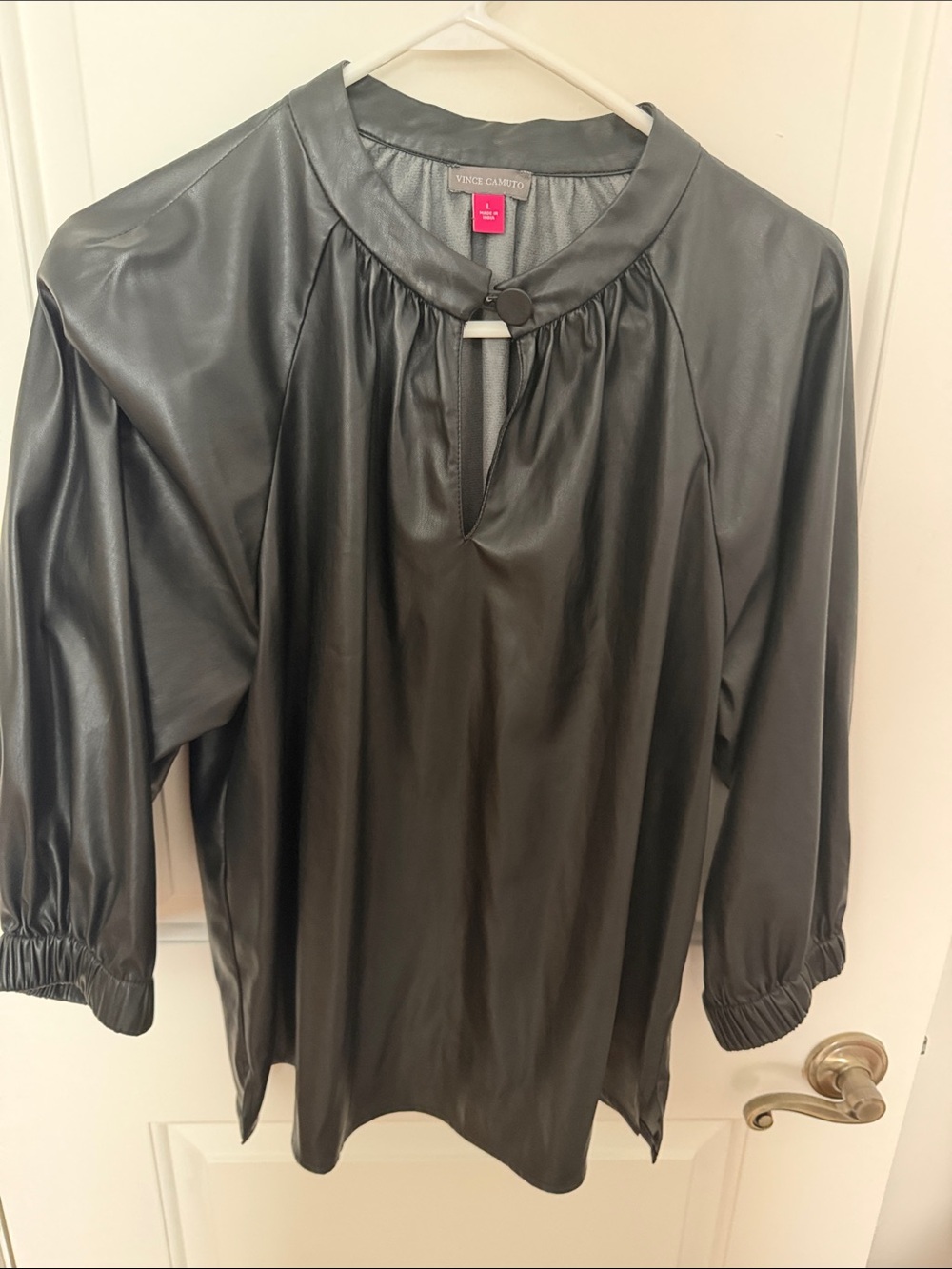 Vince Camuto Black Faux-Leather Keyhole Tunic Blouse
